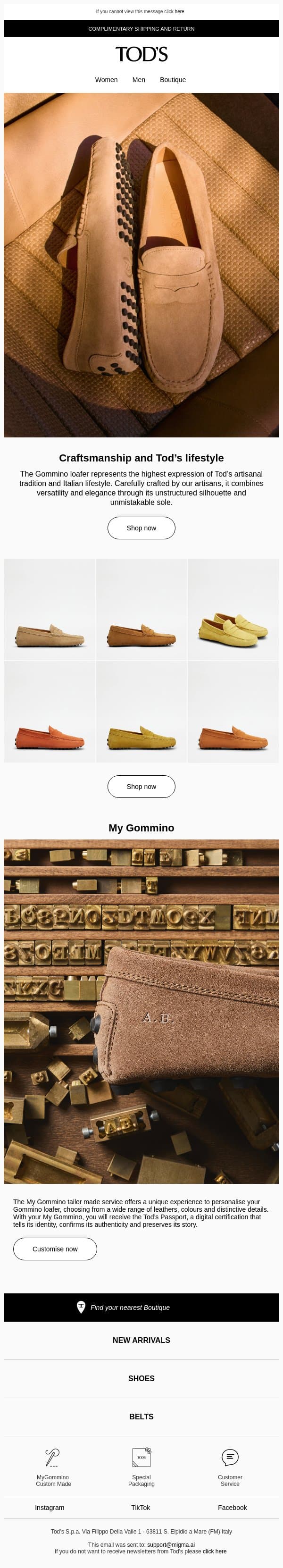 The iconic Tod’s Gommino Loafer email from Tod's screenshot