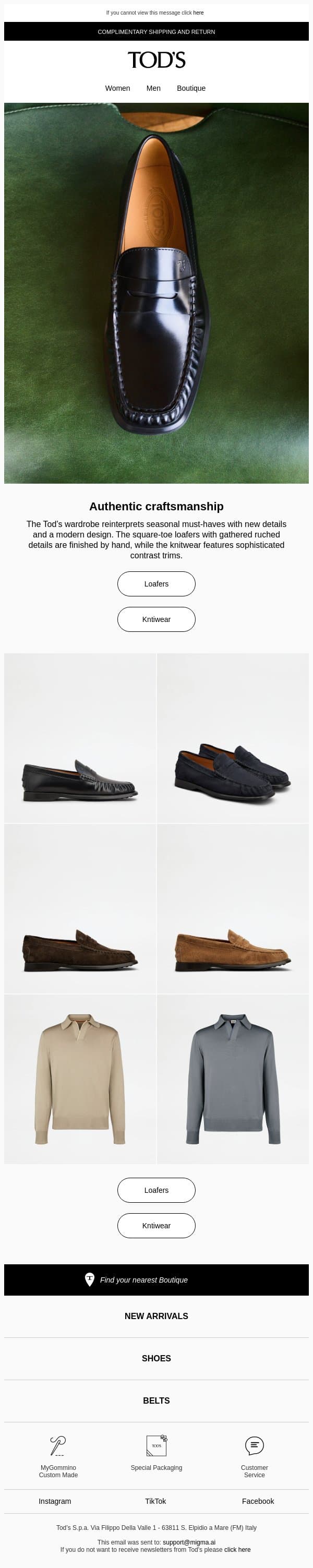 Authentic craftsmanship: Tod’s loafers email from Tod's screenshot