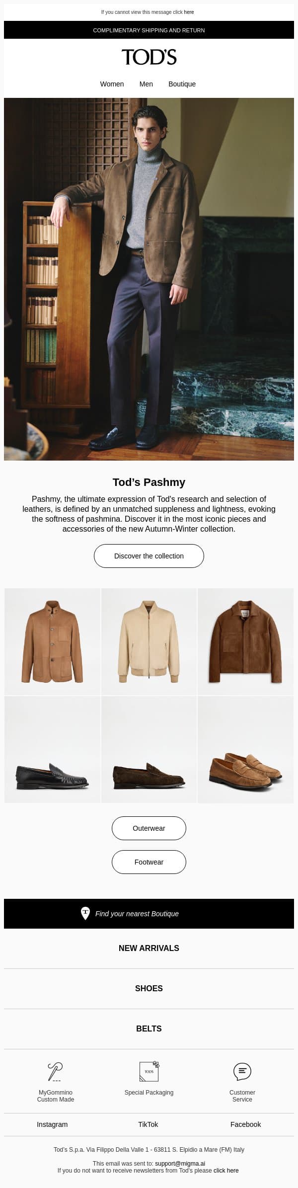 Tod's Pashmy: the new collection email from Tod's screenshot