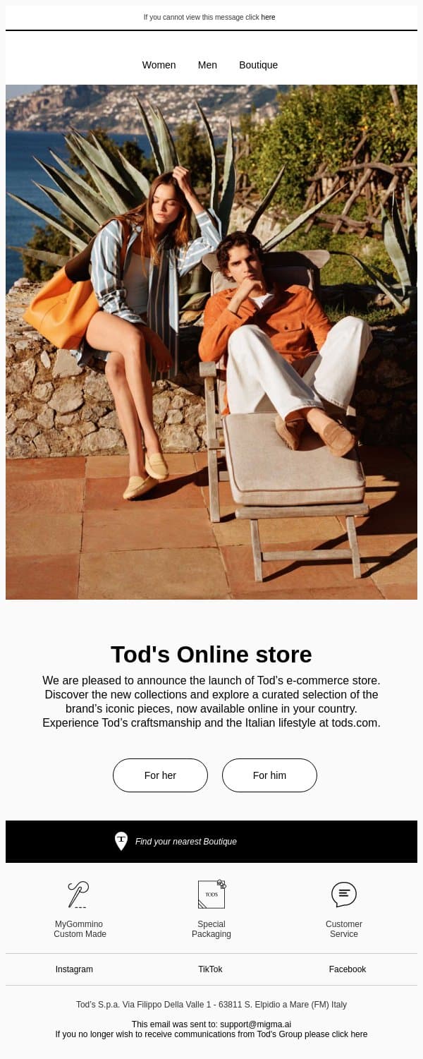New in: Tod's Online store is now open email from Tod's screenshot