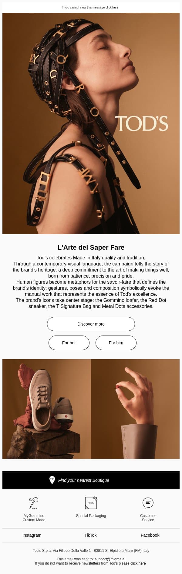 Tod's presents "L'Arte del Saper Fare" email from Tod's screenshot