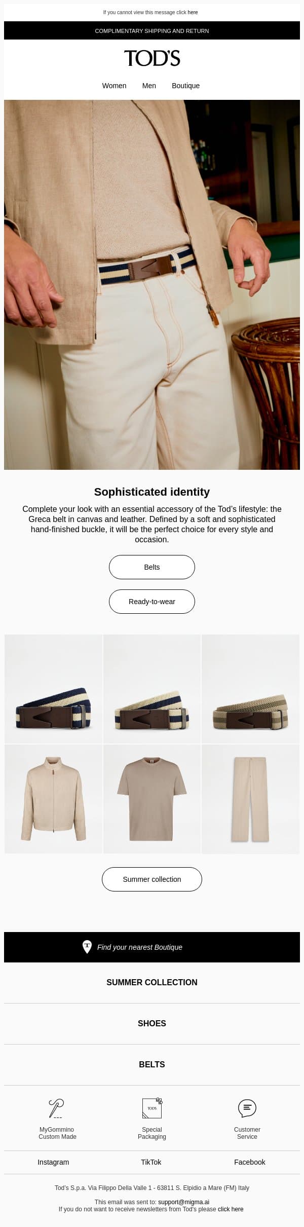 Choose your Tod’s belt email from Tod's screenshot