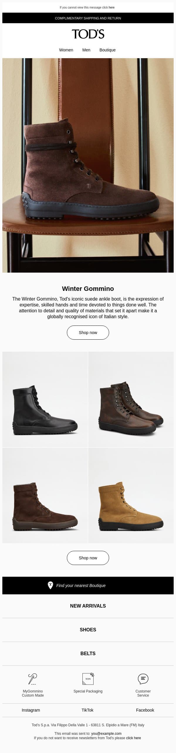 Must-have: the Winter Gommino ankle boot email from Tod's screenshot