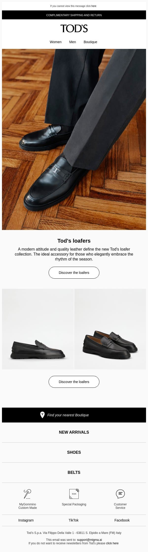 Elegant and casual attitude email from Tod's screenshot