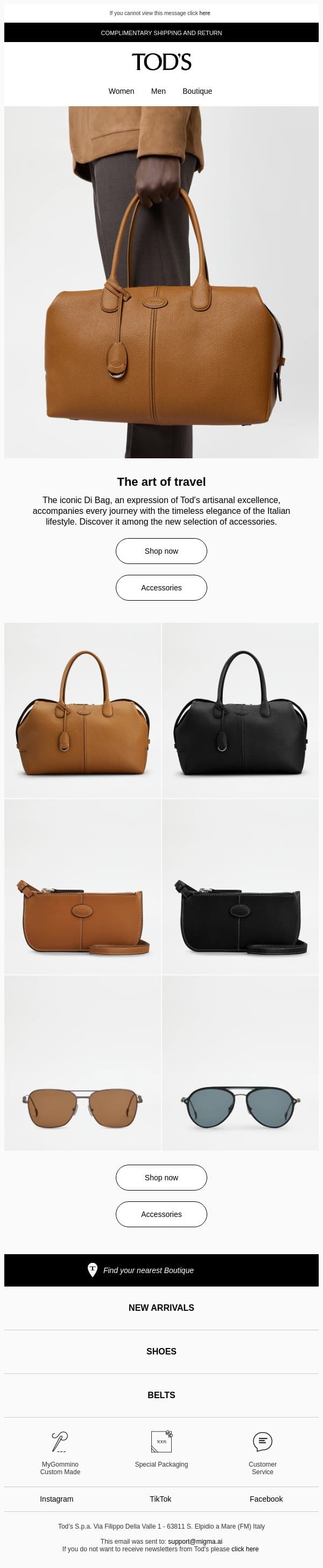 The art of travel email from Tod's screenshot
