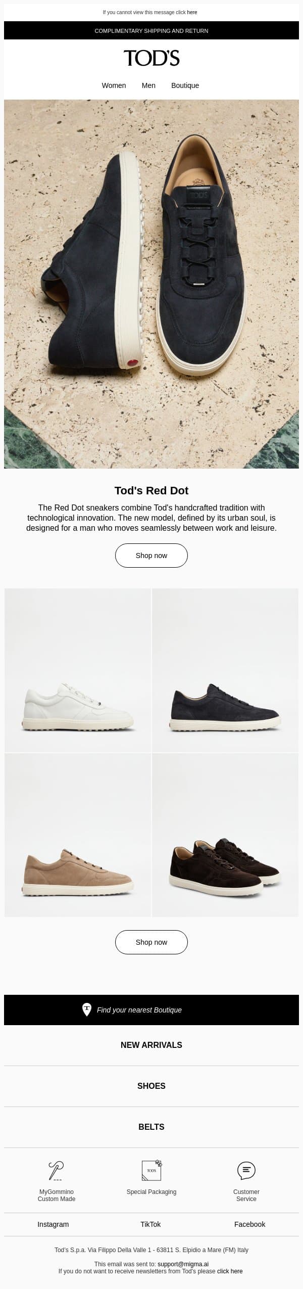 The new Red Dot sneakers email from Tod's screenshot
