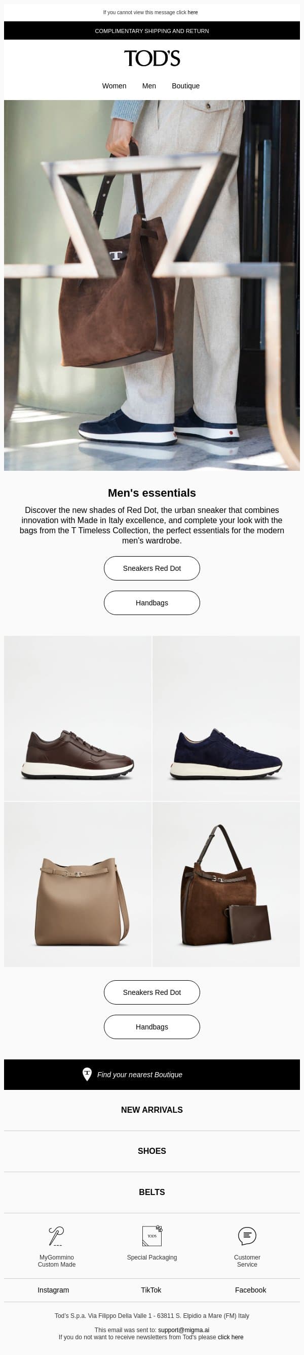 Tod's Men's essentials email from Tod's screenshot