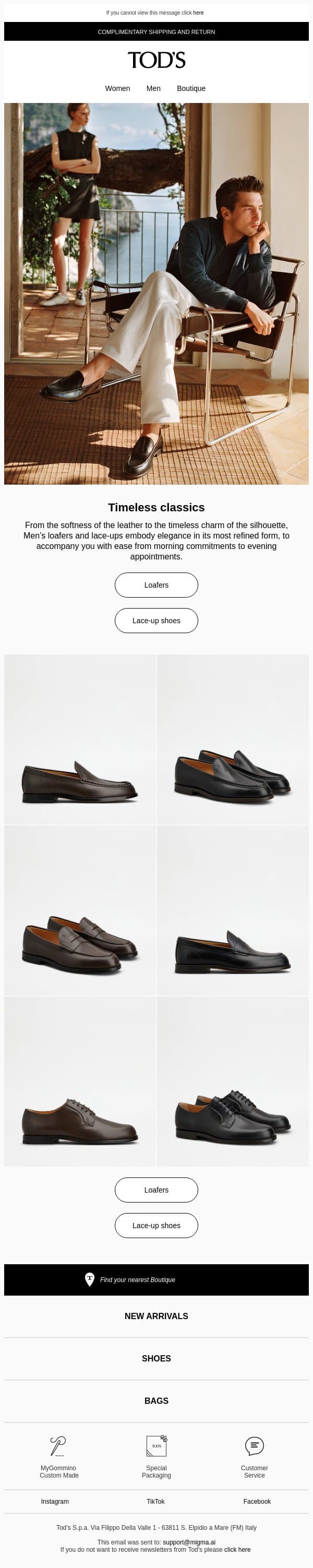 Timeless classics email from Tod's screenshot
