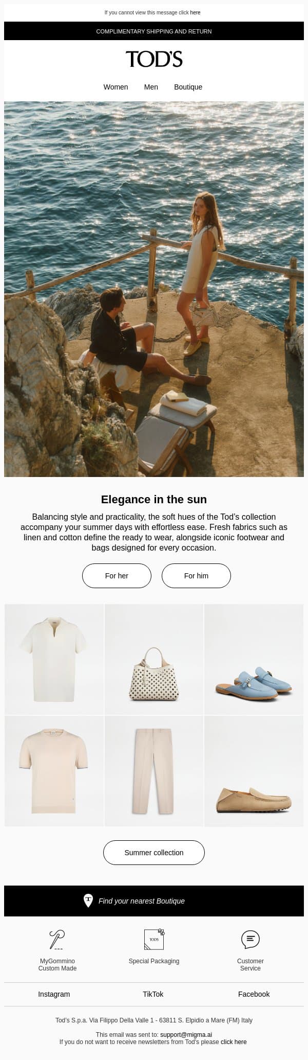 Elegance in the sun email from Tod's screenshot