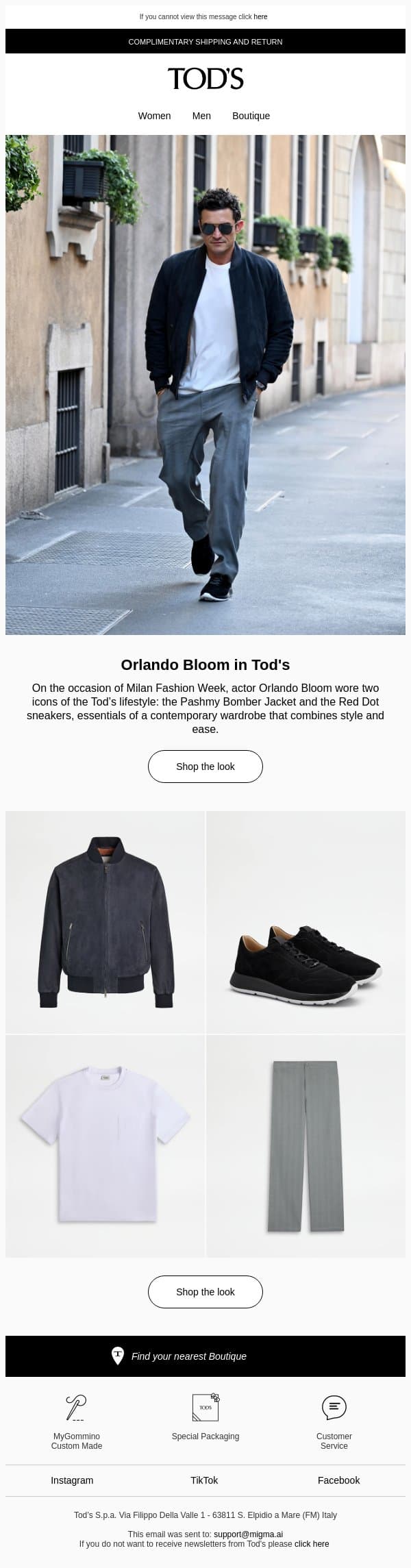 Orlando Bloom in total look Tod's email from Tod's screenshot