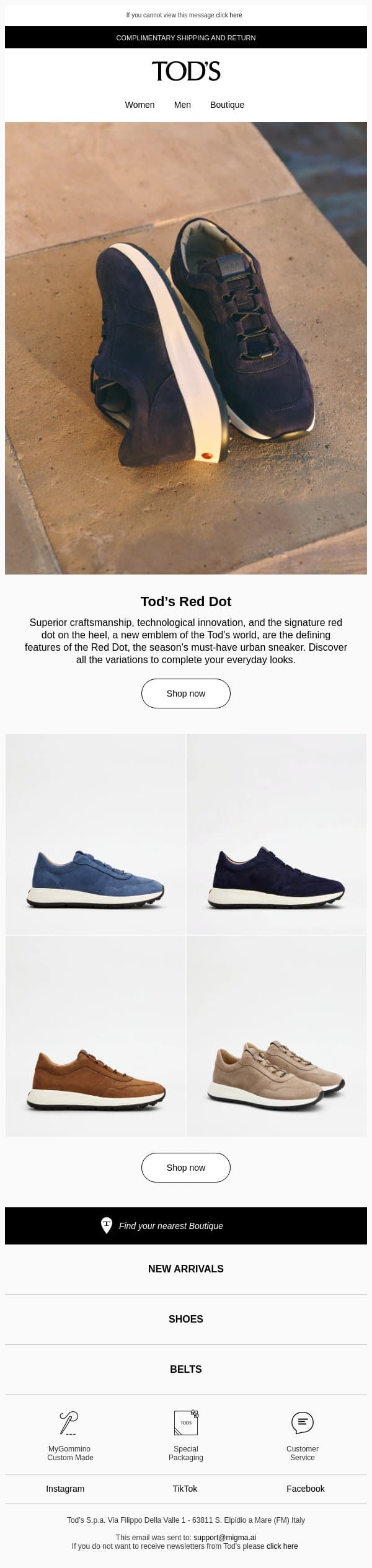 Red Dot: choose your sneaker email from Tod's screenshot
