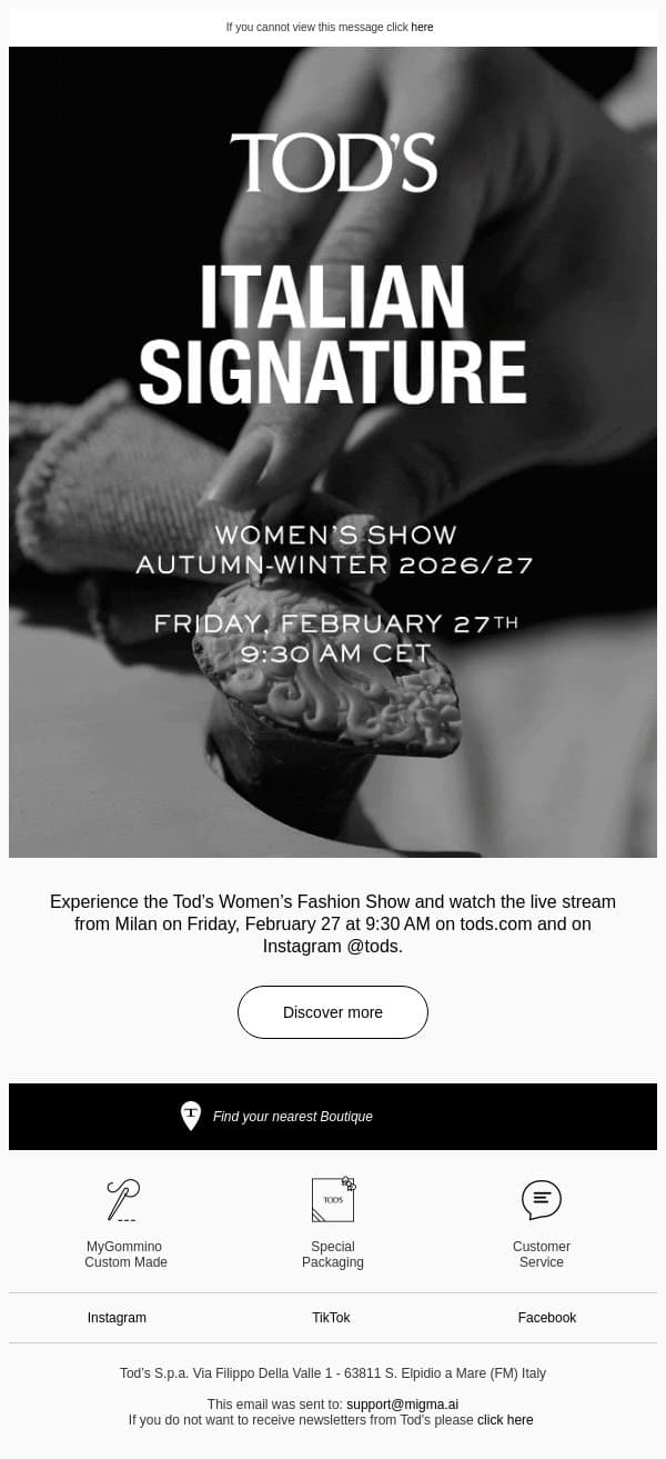 Save the Date: Tod's Autumn-Winter 2026/27 Women's Show email from Tod's screenshot