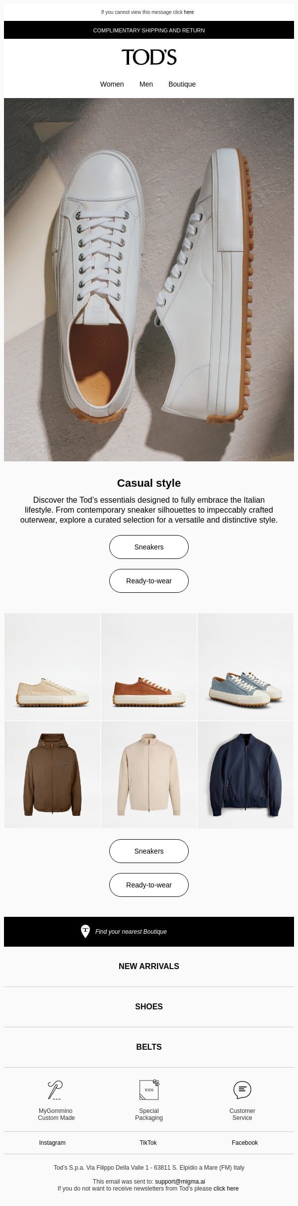 Tod’s total look: casual style email from Tod's screenshot