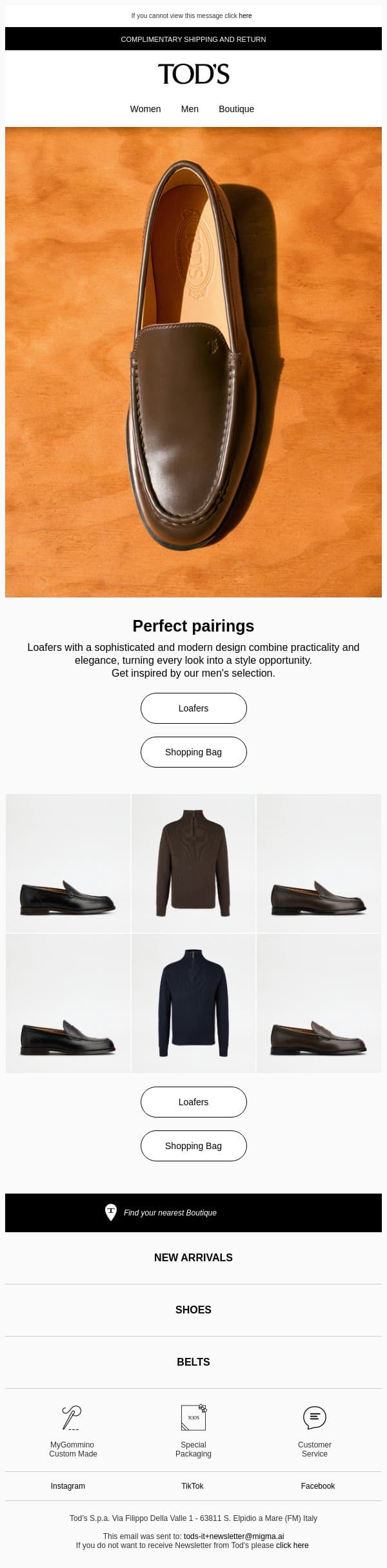 Perfect pairings email from Tod's screenshot