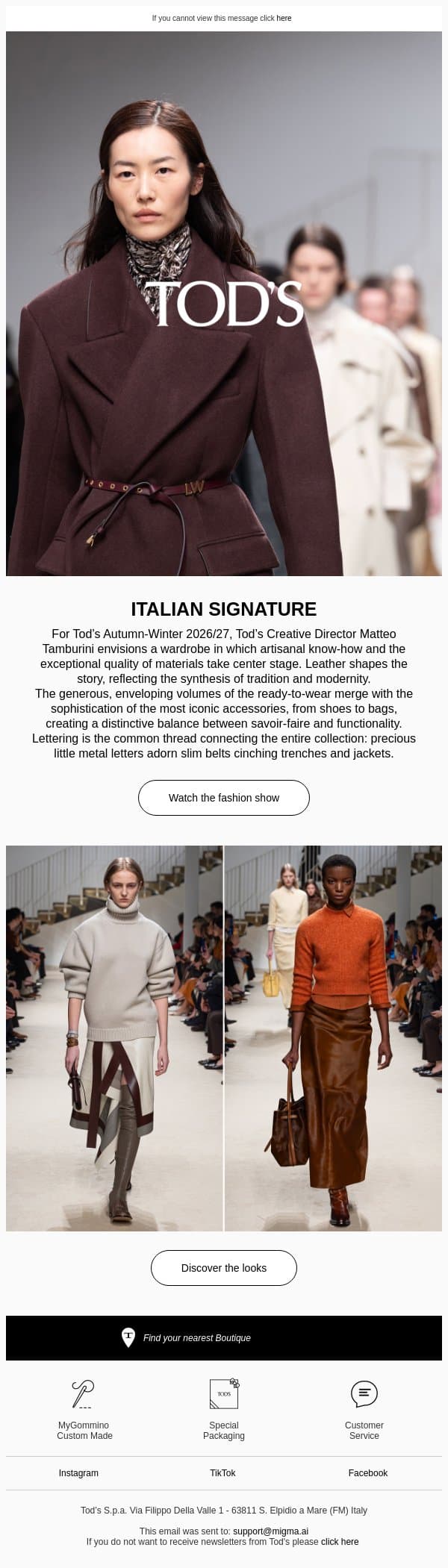 Relive the Women's Autumn-Winter 2026/27 Show email from Tod's screenshot