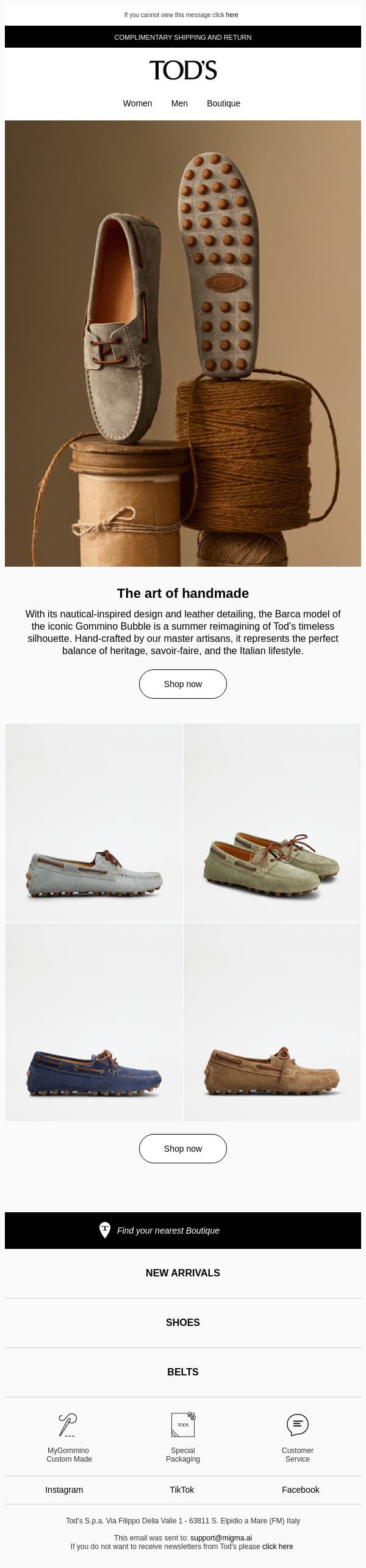 Tod’s handmade: the Bubble Barca Gommino loafer email from Tod's screenshot