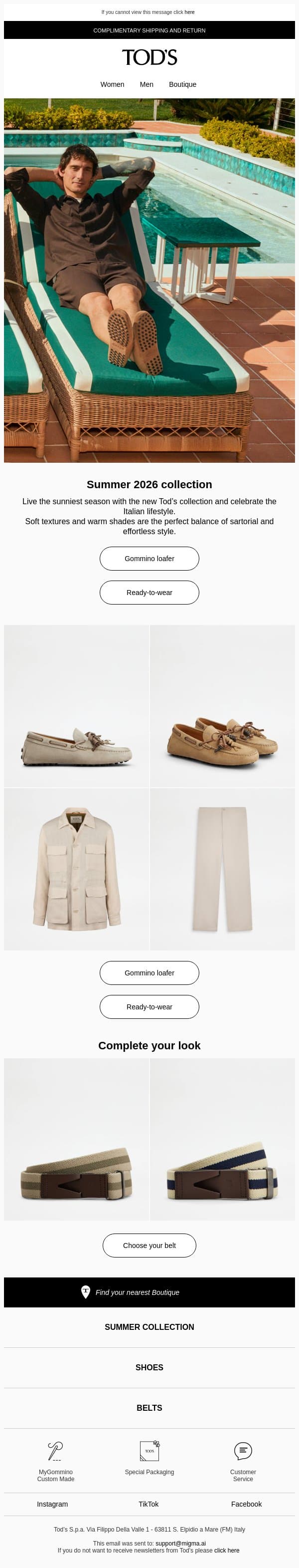 Live the summer with Tod's email from Tod's screenshot