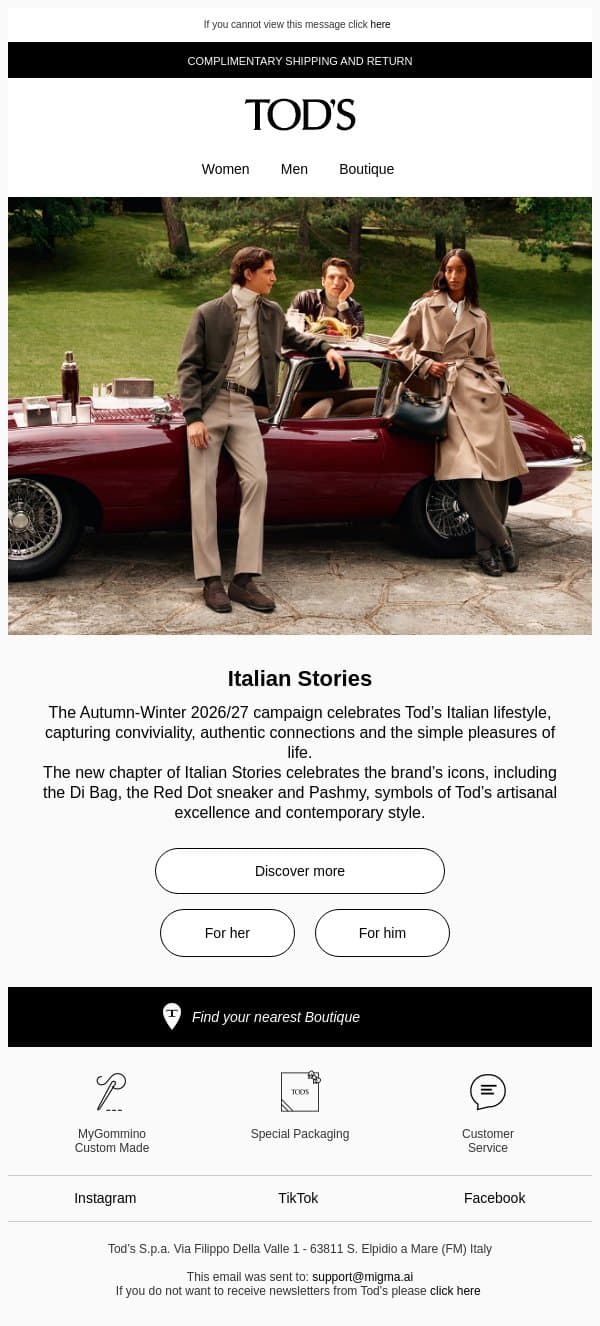 Tod’s presents the Italian Stories campaign email from Tod's screenshot