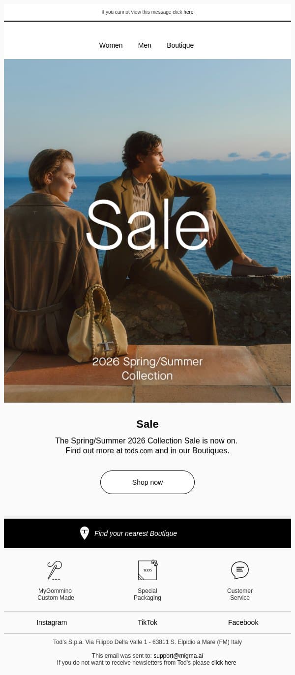 Spring/Summer 2026 Sale email from Tod's screenshot