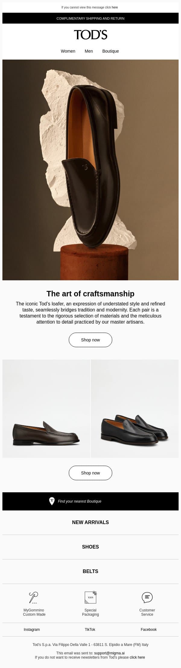The art of craftsmanship: Tod’s loafer email from Tod's screenshot