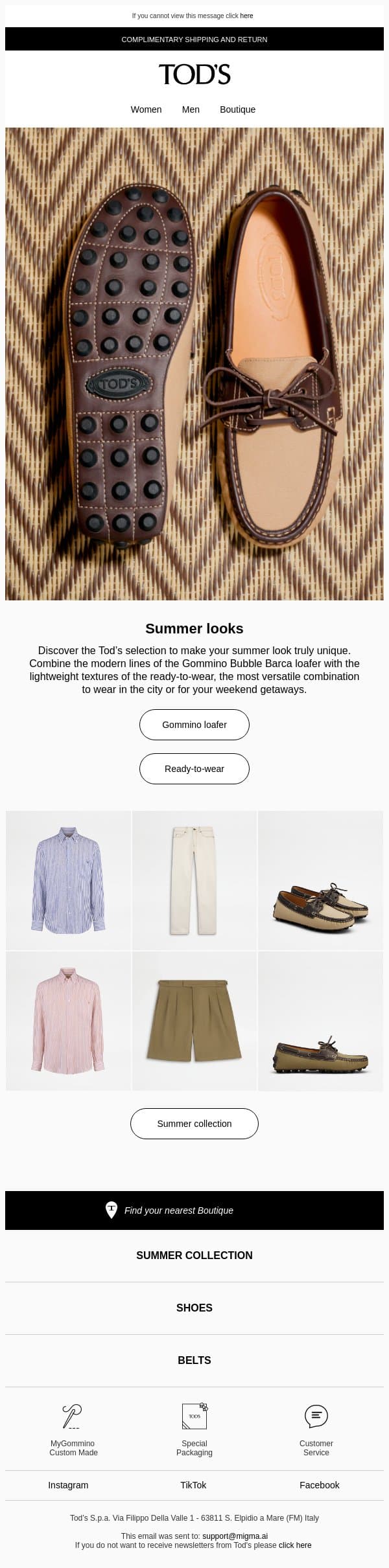 Your Summer look email from Tod's screenshot