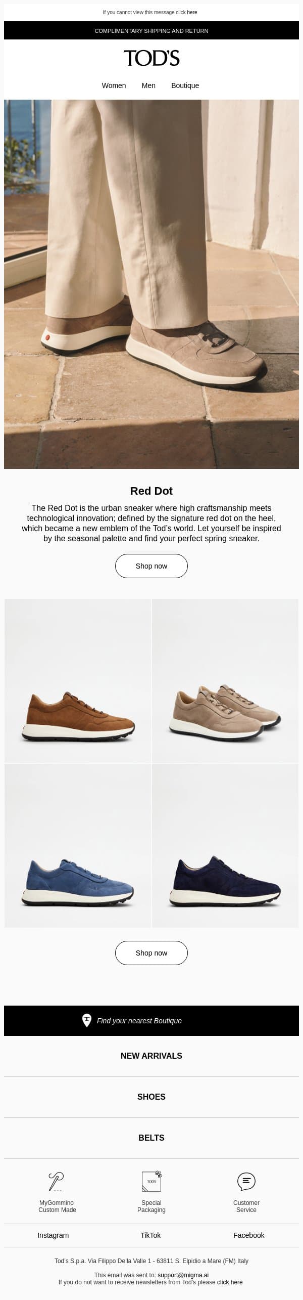 Tod's Red Dot Sneakers email from Tod's screenshot