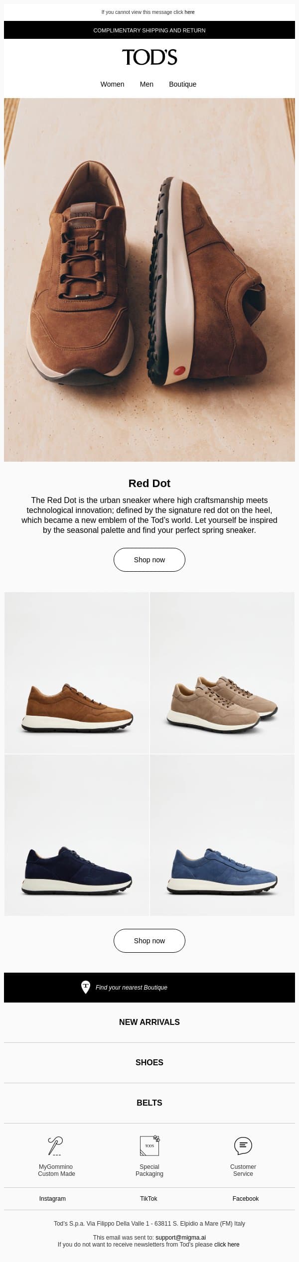 Red Dot: craftsmanship and technological research email from Tod's screenshot