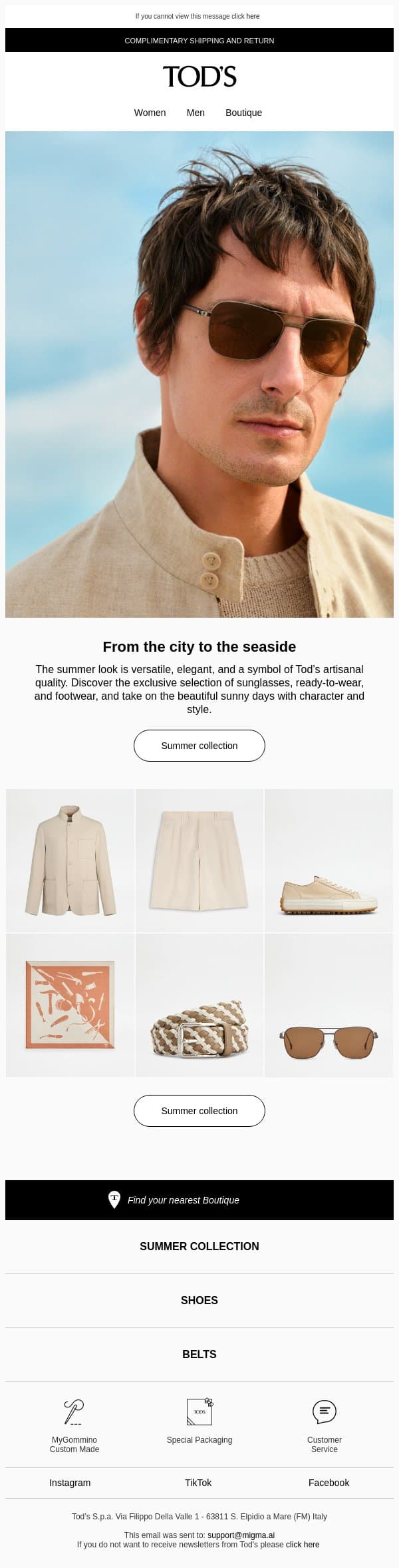 From the city to the seaside email from Tod's screenshot