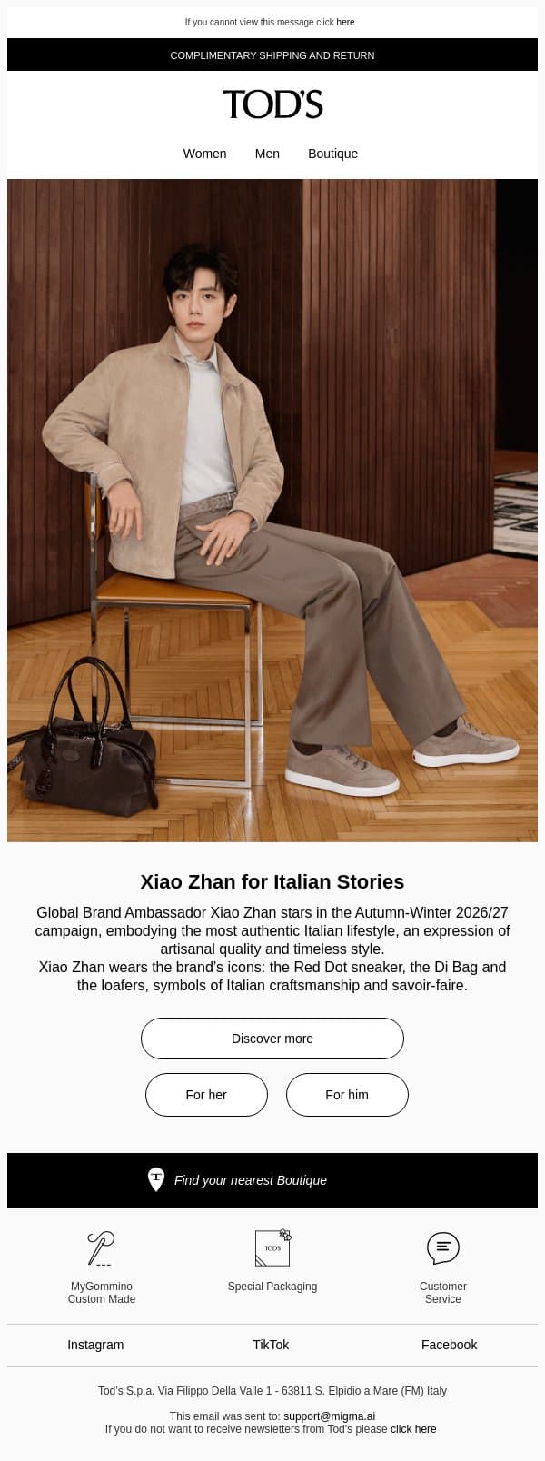 Xiao Zhan stars in Italian Stories email from Tod's screenshot