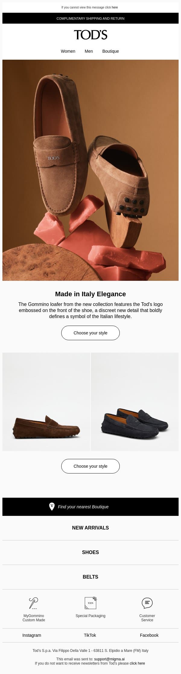 Gommino loafer: choose your style email from Tod's screenshot