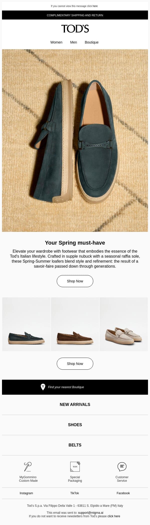 Tod’s Loafers in nubuck and raffia email from Tod's screenshot