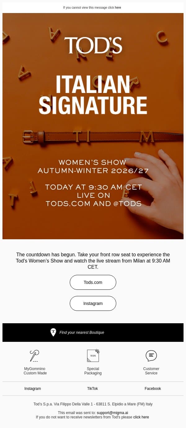 Watch live the Tod's Autumn-Winter 2026/27 Women's Show email from Tod's screenshot