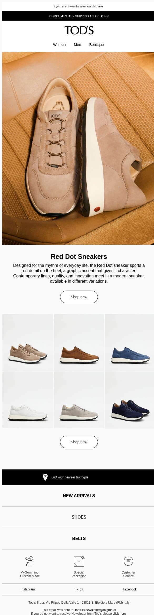 Signature style with the Red Dot Sneakers email from Tod's screenshot
