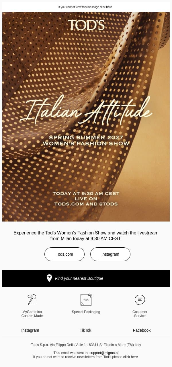 Watch live the Tod's Spring Summer 2027 Women's Fashion Show email from Tod's screenshot