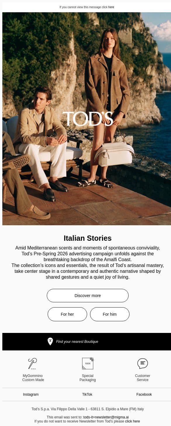 Tod's presents Italian Stories, the Pre-Spring 2026 collection email from Tod's screenshot