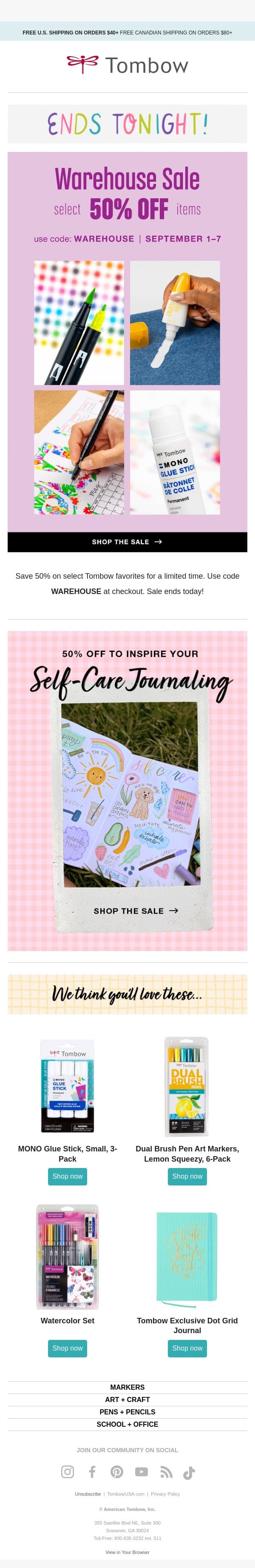 Warehouse Sale Ends Today! email from Tombow screenshot