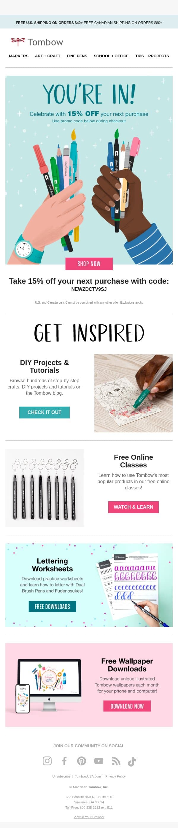 Here's that 15% Off We Promised You! email from Tombow screenshot