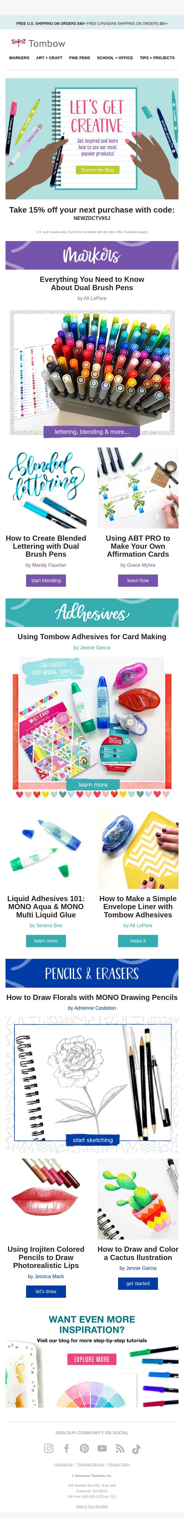 Be sure to grab your 15% discount! email from Tombow screenshot