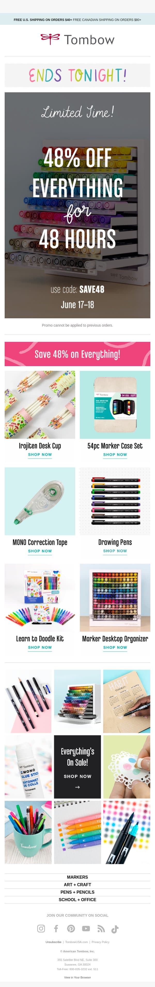 A Few Hours Left to Save 48% on EVERYTHING! ✨ email from Tombow screenshot