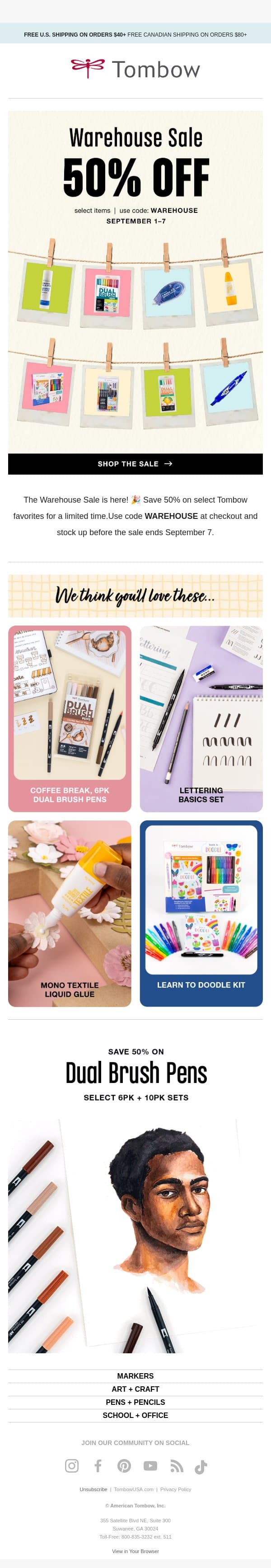 🚨 The Warehouse Sale Is ON: 50% Off Select Items email from Tombow screenshot