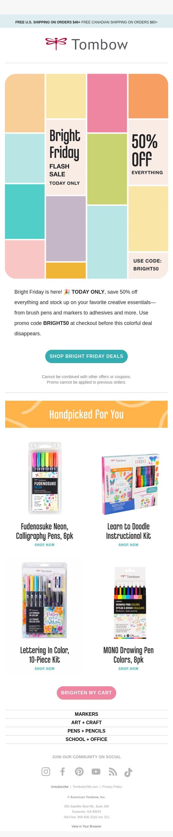 🌈 Bright Friday Starts NOW: 50% Off Everything email from Tombow screenshot