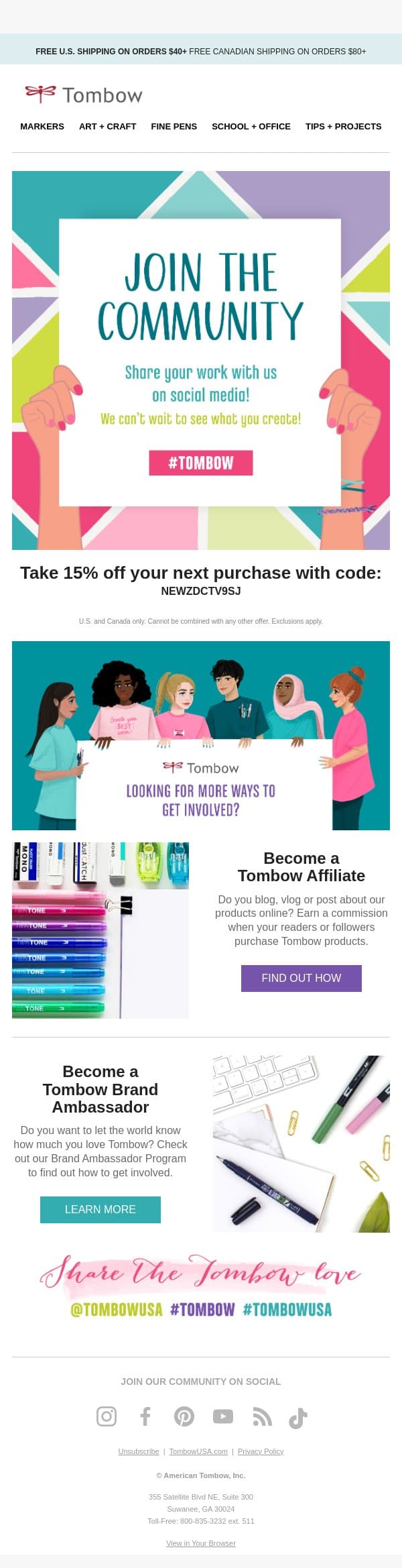 Your 15% off coupon is about to expire! email from Tombow screenshot