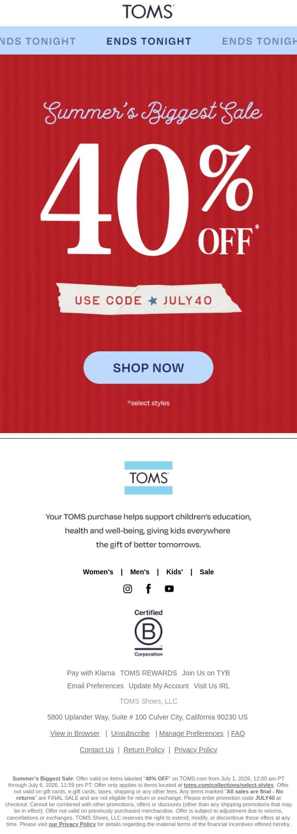 40% Off Ends Tonight ‼️ email from TOMS screenshot