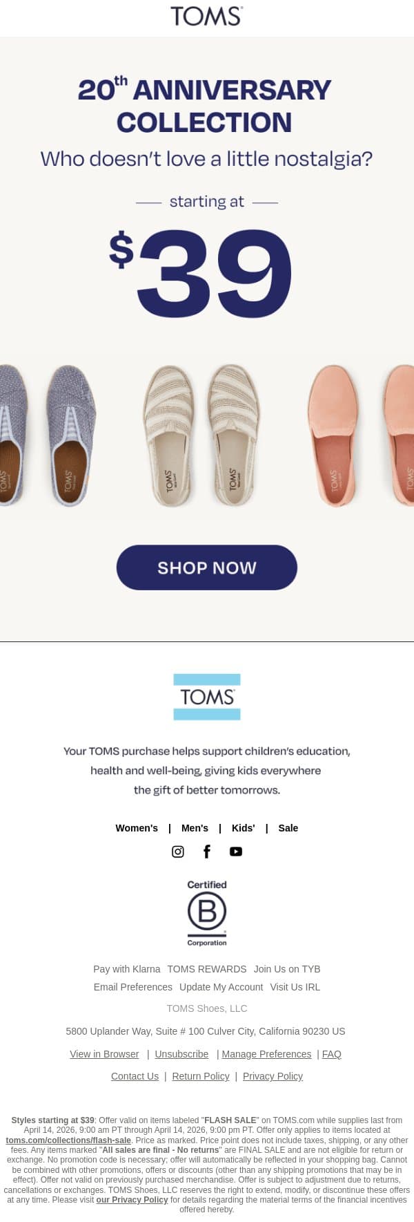 📣 12 Hours Only: Anniversary Deals Starting at $39 email from TOMS screenshot
