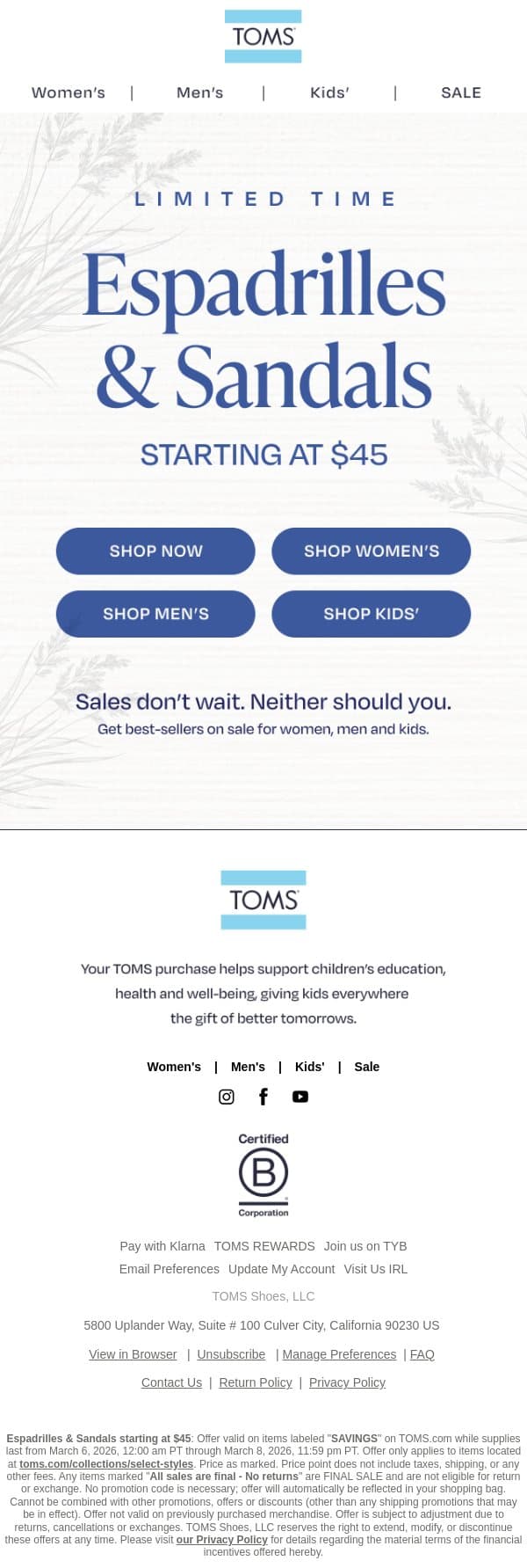 Espadrilles + Sandals, Starting at $45 email from TOMS screenshot