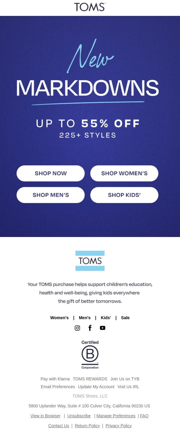 NEW Markdowns: Up to 55% Off! 🏷️ email from TOMS screenshot