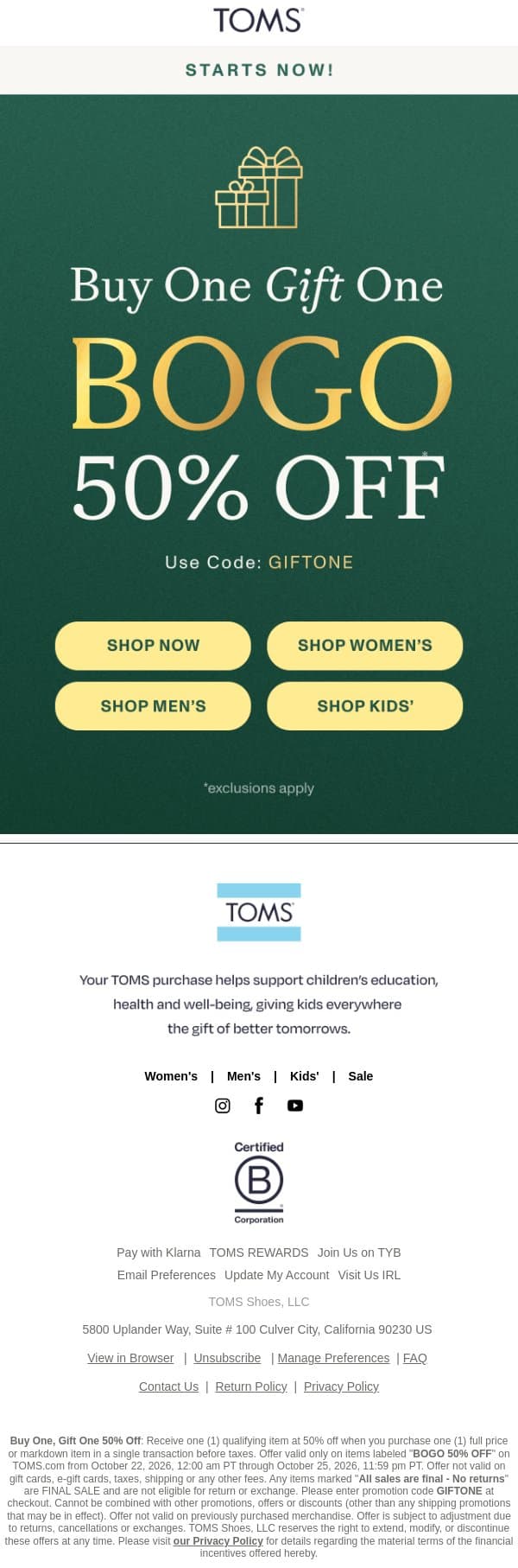 Starts Now: Buy One, Gift One 50% email from TOMS screenshot
