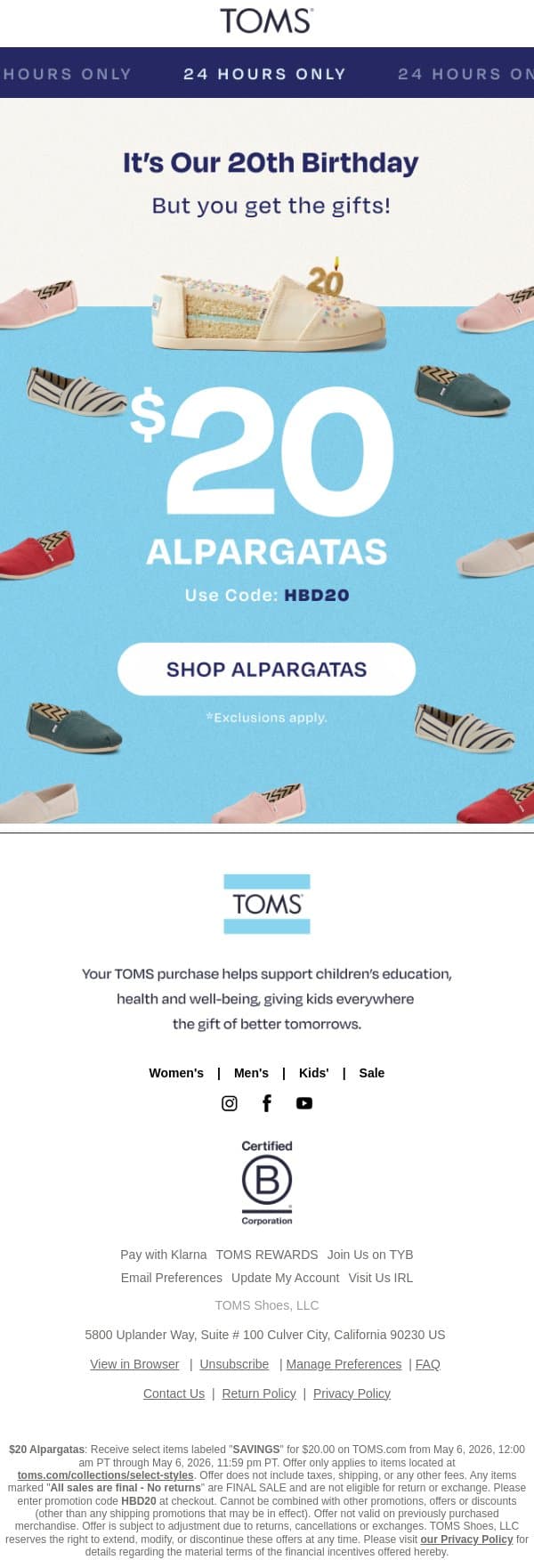 Celebrate our 20th with $20 Alpargatas 🥳 email from TOMS screenshot