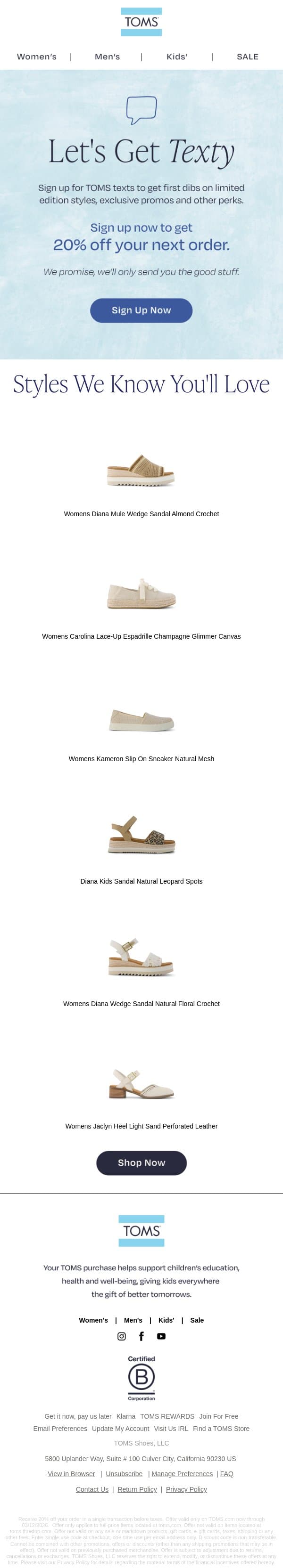 💬 Enjoy 20% Off When You Sign Up for Texts email from TOMS screenshot