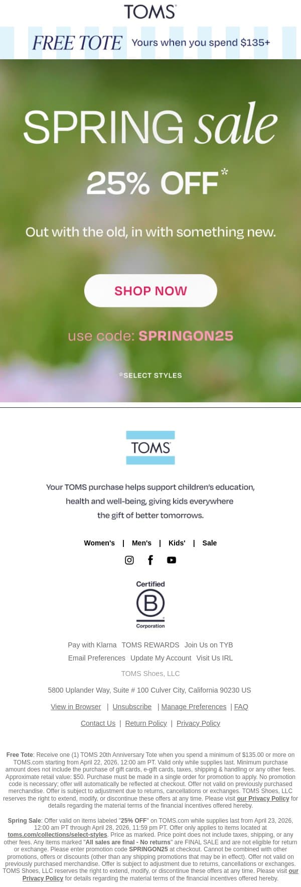 25% Off: More Spring Styles Just Added 🌸 email from TOMS screenshot